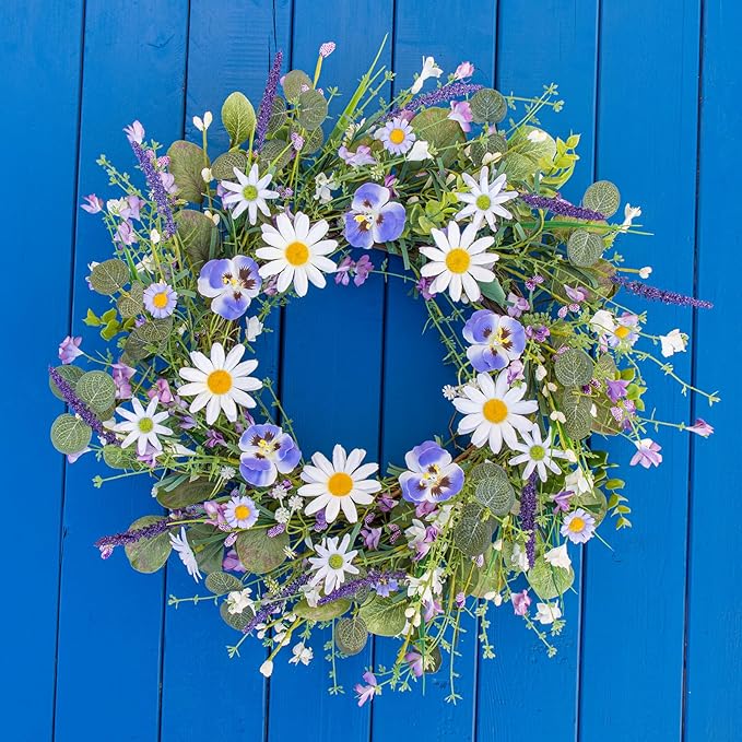 22 Inches Summer Wreath Rustic Summer Wreaths for Front Door Spring Flower Wreath Farmhouse Spring Floral Wreaths with Blue Phalaenopsis Orchid for Window Wall Porch Indoor Decoration