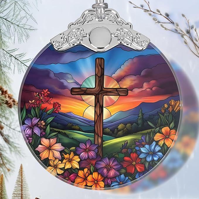 Cross Spring Flower Stained Glass Orament - Christmas Ornament - Christmas Decorations for Tree - Holiday Present ldeas - Gift Exchange
