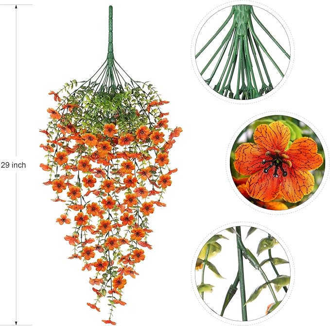 Artificial Hanging Flowers for Outdoors Fake Plants Decoration, 2 Packs Faux Silk Daisy Flower Realistic Outdoor Flowers UV Resistant Porch Patio Window Yard Indoor Spring Decor(Orange)