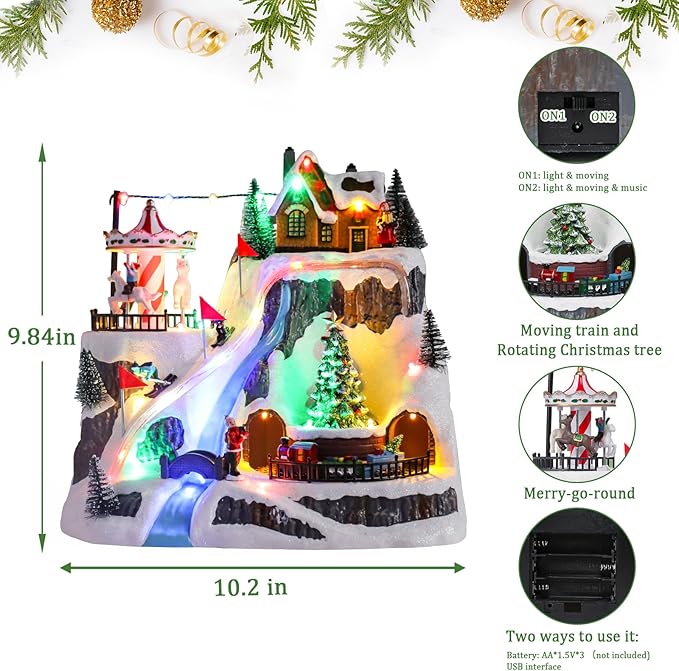 WONDER GARDEN Christmas Village Houses-Christmas Houses Village - Lighted Musical Ski Resort Collectible Buildings with Moving Train, Rotating Tree and Carousel for Indoor Decor or Gift