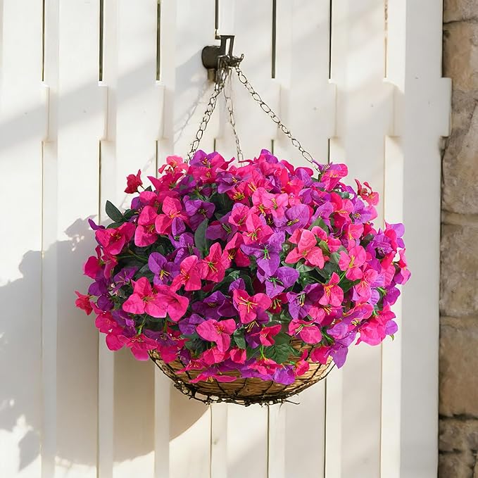 Faux Bougainvillea Artificial Flowers for Outdoors Fake Plants Spring Outdoor Decor, 4 Bundles UV Resistant Realistic Bougainvillea Silk Flowers for Outside Porch Patio Window Planter Garden Home