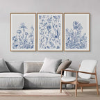 SIGNINART Classic Chinoiserie Framed Canvas Wall Art Set, Blue and White Floral Art Painting, Minimalist Botanical Flower Artwork, Navy Blue Wall Decor for Bedroom, Living Room, Office 24"x36"x3