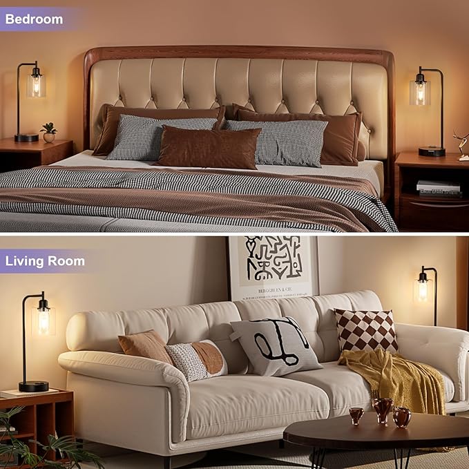 Industrial Touch Table Lamps for Bedrooms Set of 2 - 3-Way Dimmable Nightstand Lamps with USB C+A Ports and Outlet, Black Bedside Lamps with Glass Shade for Living Room, Desk Lamps for Home Office
