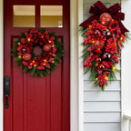 24" Decorative Teardrop Swag, Artificial Christmas Swag with Red Hydrangea & Baubles, Purple Bowknot, Red Berries, Sparkling Leaves, Pine Needles
