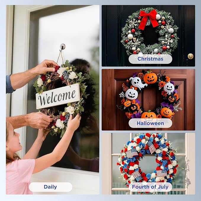 OUTXE Wreath Hanger for Front Door, Upgraded Suction Cup Reef Hook for Glass Window/Over Door, Christmas/Thanksgiving/Halloween/July 4th/Easter/Valentine/Spring/Summer/Fall (Walnut, 4-Pack)