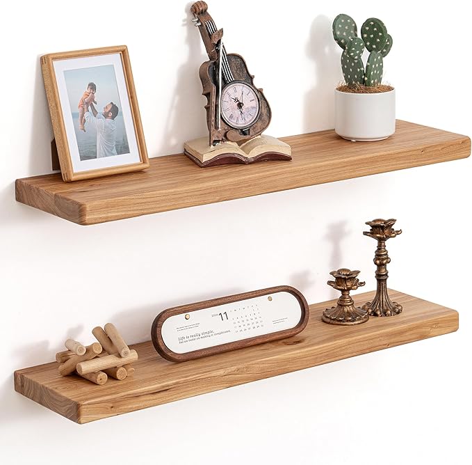 Floating Shelves for Wall, 30"Wx8"D Rustic Solid Elm Wood Floating Shelves Wall Mounted, Round Edge Wall Shelves with Invisible Bracket for Living Room Bathroom Bedroom Kitchen, Set of 2, Natural