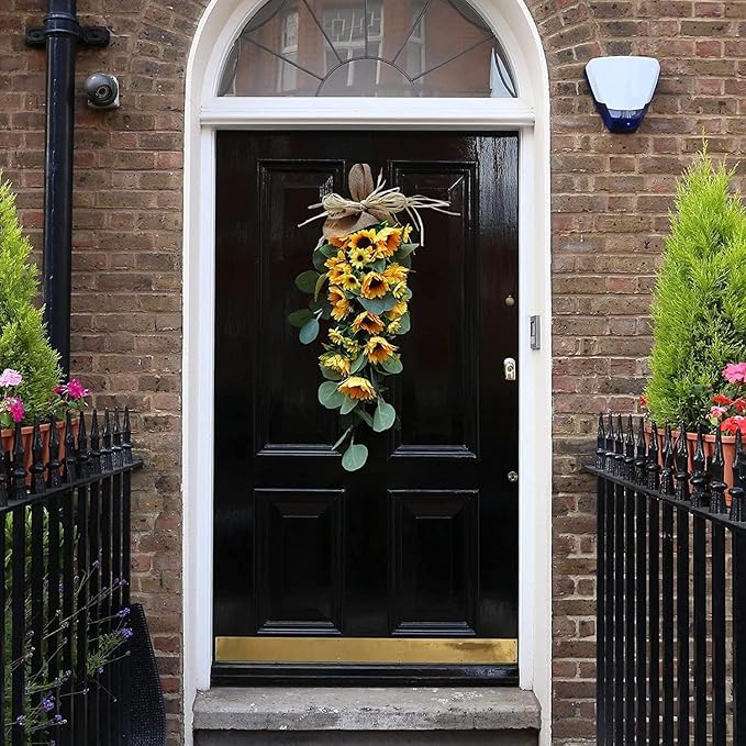 Spring Sunflower Swag, Sunflower Teardrop Swag with Eucalyptus Leaves Front Door Sunflower Swags Wreath for Wedding Arch Front Door Wall Decor
