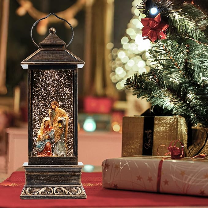 12" Christmas Snow Globe Lantern with Nativity - Water Swirling Glitter LED Light Lantern with Music - Vintage Xmas Gifts - USB Plug or Battery Operated Home Decor (Religious)