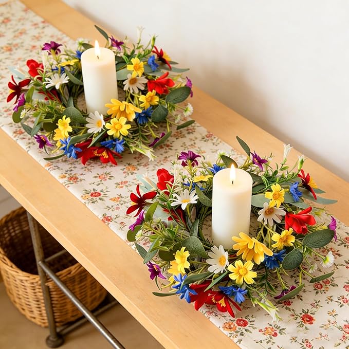 6 PCS Small Spring Floral Kitchen Cabinet Wreath Mini Artificial Sunflowers Daisy Wreath for Front Door with Burlap Ribbon Wide Flower Hanging Farmhouse Wreaths for Porch Wall Window Decor