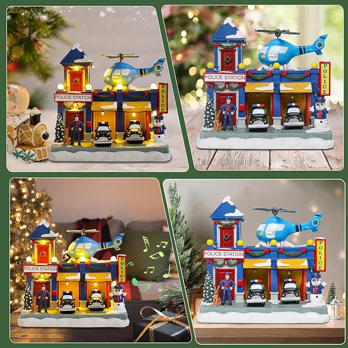 WONDER GARDEN Christmas Village Houses-Christmas Houses Village - Lighted Musical Police Station Collectible Buildings with Moving Car and Helicopter for Home Indoor Decor or Gift
