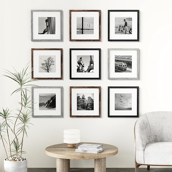 Vittanly 12x12 Picture Frames Set of 9, Display 8x8 Pictures with Mat or 12x12 without Mat, Photo Frames for Wall Mount, Engineered Wood, Black&Brown&Grey