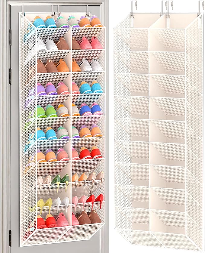20-30 Pairs Over the Door Shoe Organizer, Breathable Mesh Pocket Hanging Shoe Storage for Closet, 10-Tier Door Shoes Rack, Handing Shoes Holder Fit All the Family's Sneakers, Boots, Heels, Beige