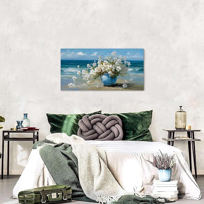 AIYISU Vintage Flowers Canvas Wall Art White Blossom Painting Retro Flowers in Blue Vase Pictures Blue Ocean Coastal Landscape Prints Poster Floral Artwork for Bathroom Bedroom Home Decoration 20x40
