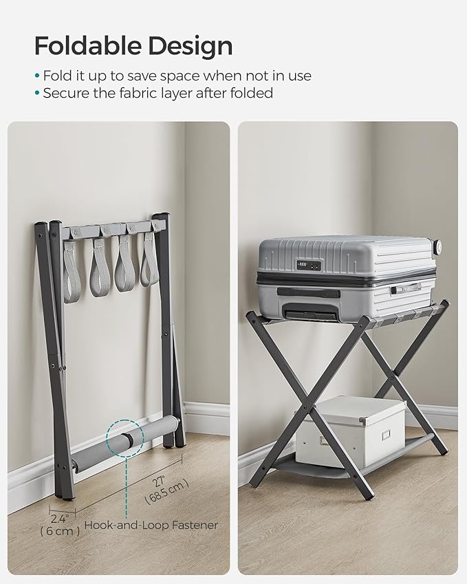 SONGMICS Luggage Racks for Guest Room, Set of 2, Suitcase Stand with Storage Shelf, Steel Frame, Foldable for Easy Storage, Hotel, Bedroom, Slate Gray URLR003G02