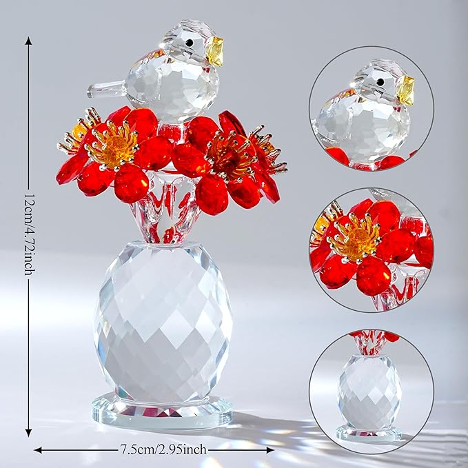 Crystal Bird & Forget-Me-Not Flower Figurine,3x4 inch Glass Flower Collectible Ornaments for Home Decor Table Centerpiece Glass Bouquet Flowers Keepsake Gifts for Women （Red）