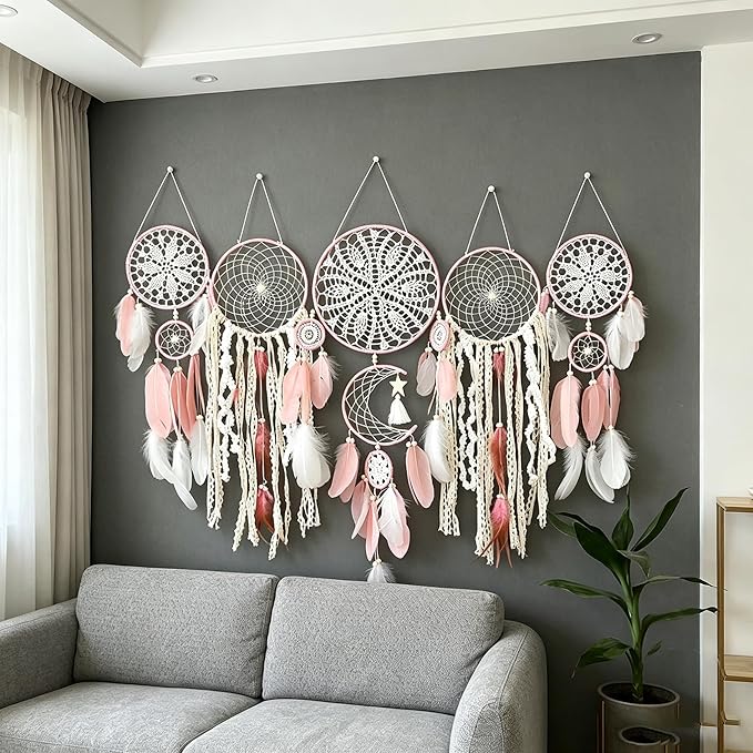 Set of 5 Boho, Hanging Large Boho Dream Catcher Wall Hanging Moon Dream Catcher Set Dream Catchers Wall Decor for Vintage Wedding Home Decorations (Pink)
