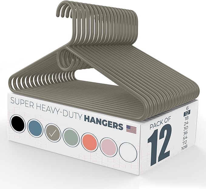 Neaties Super Heavy Duty Clothes Hangers 12 Pack – Made in The USA - 10lb Capacity, Thick Plastic Hangers for Pants, Coats, Jackets, Jeans and Adult Clothing – Gray