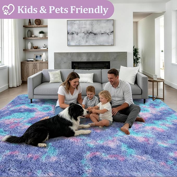 Fluffy Area Rugs 9x12 Living Room Bedroom: Ultra Soft Shag Rug Upgrade Non-Slip Non-Shedding Large Fuzzy Plush Carpet Indoor Floor Carpets for Kids Room Playroom Nursery Dorms Home Rainbow Purple