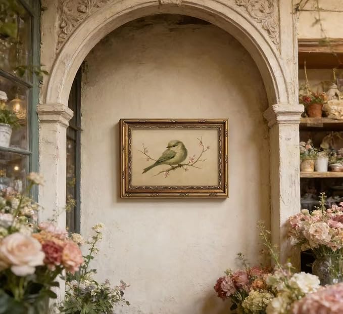 Vintage Gold Framed Wall Art Spring Bird Oil Painting Canvas Print Watercolor Cherry Blossom Picture Wall Decor Rustic Farmhouse Beige Floral Poster Artwork for Nursery Living Room Bedroom