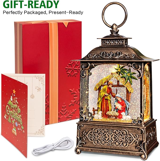 Christmas Snow Globes Lantern with Music, Jesus Christ Nativity Scene Snow Globe with Swirling Glitter Effects, USB/Battery Powered with 6-Hour Timer, Christmas Decorations