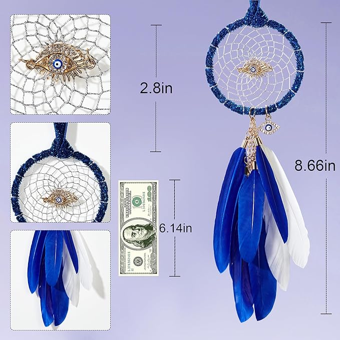 Mini Dream Catchers - Evils Eye with Goose Feather, Bluish Violet Flannel, Handmade Small Dreamcatcher for Bedroom, A Dream Catcher for Girls and Boys, Wall Decor
