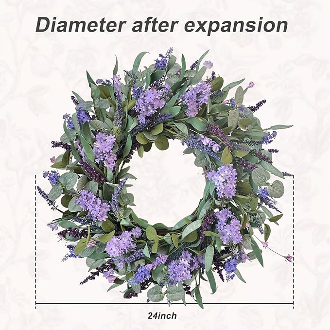24-Inch Lavender Wreath for Front Door, Purple Hydrangea Wreath with Eucalyptus, Artificial Spring and Summer Floral Wreath for Indoor Outdoor Walls, Windows, and Home Year-Round Display