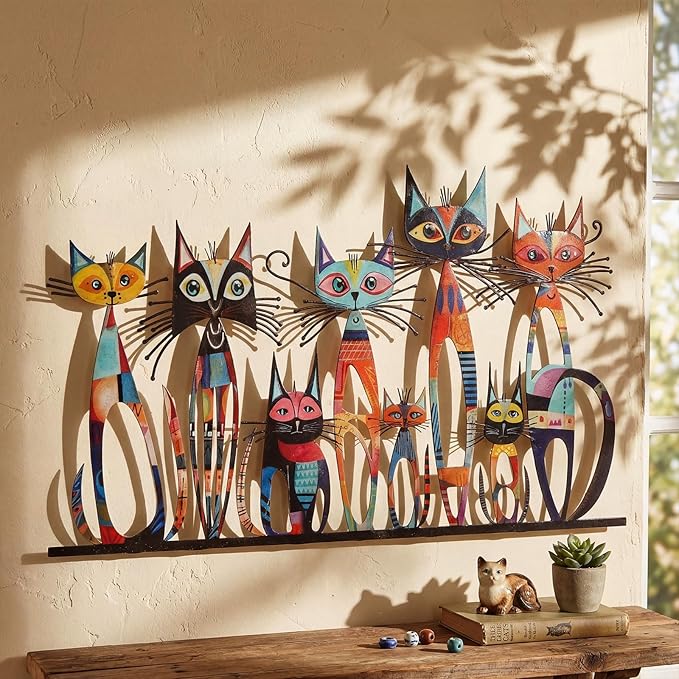 Wesiti Cat Wall Art Decor Iron Wall Sculptures Decor for Cats Lover 11.81 x 7.2 Inches Colorful Retro Mid Century Cat Signs for Home Living Room Bedroom Kitchen Office