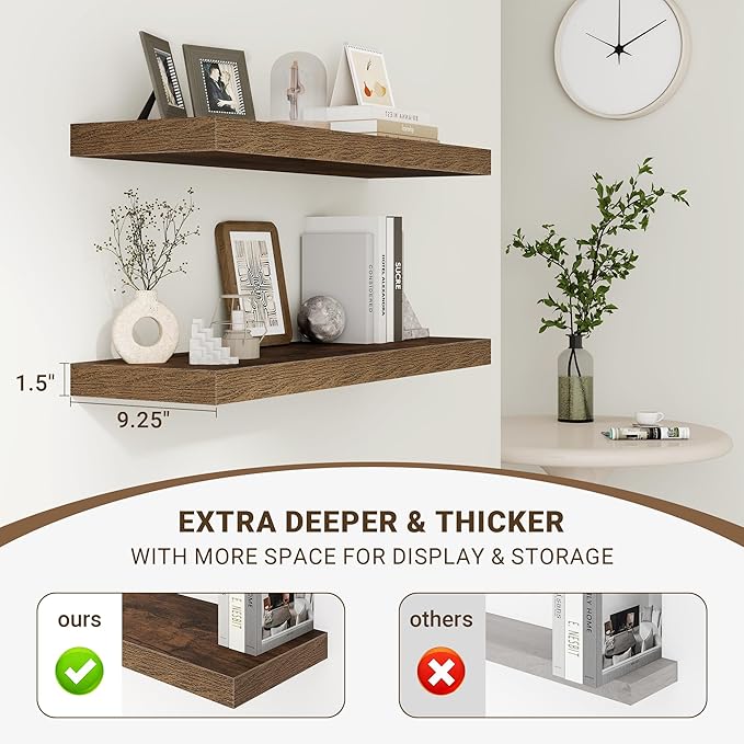 Acovy 55 Inch Floating Shelves, 55"x9.25"x1.5" Inch Deep Floating Shelves for Wall, Wooden Shelves for Bathroom, Bedroom, Living Room, Brown, 1 Piece