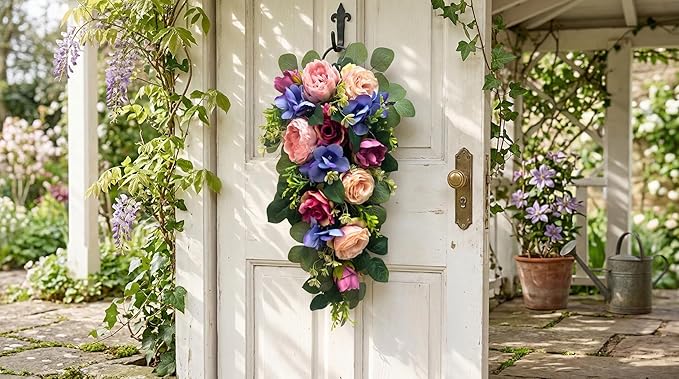 Svndlyn 24 Inch Pre-lit Peony & Rose Floral Swag for Front Door - Teardrop Spring Wreath with Timer, 20 LED Lights, Pink & Purple Vertical Wall Decor for Front Door,Wedding (Battery Operated)
