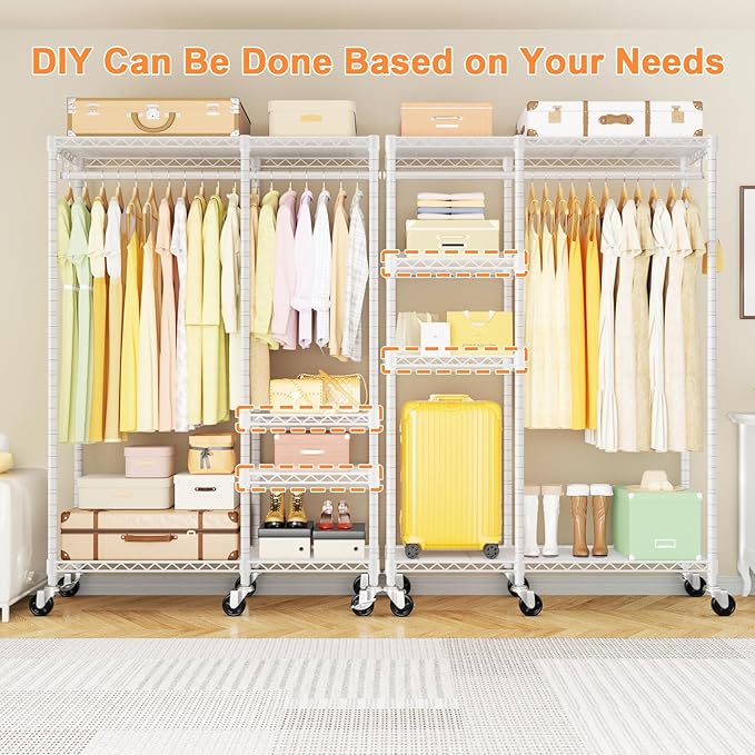 Ulif F4R Heavy Duty Clothes Rack（With Lockable Wheels ） Rolling Clothing Racks for Hanging Clothes，Adjustable Closet Organizer System，Portable Garment Rack 45"W x 15.8"D x 73.5"H，Max Load 650LBS，White