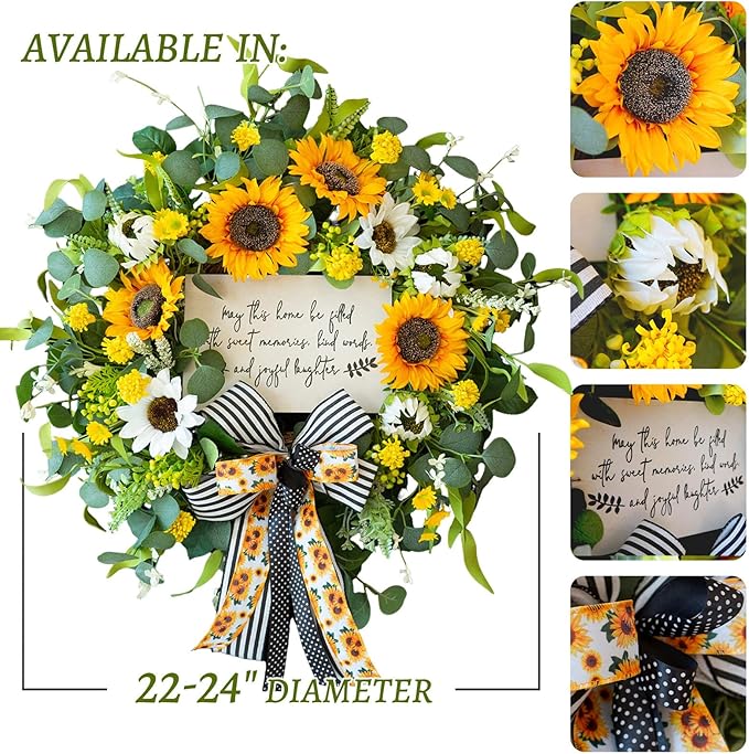 Spring Wreaths for Front Door 24 Inch Handmade Spring Summer Wreath with Artificial Sunflowers,Welcome Message Sign & Elegant Bow and White Yellow Daisy Wildflowers for Home,Porch&Gift Giving