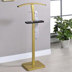 Kings Brand Furniture Henry Men’s Suit Valet Stand – Freestanding Clothes Valet Rack with Jacket Hanger, Pants Bar, Tie Holder & Storage Shelf – Modern Bedroom Garment Organizer (Gold/Black)