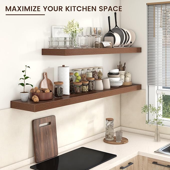 Venusmiles Floating Shelves for Wall, 55 Inch Wide x 12 Inch Deep Floating Shelves, Long Wood Floating Wall Shelf Shelves for Living Room Bathroom Bedroom Kitchen Home - (Walnut, 55" W x 12" D x 2" H)