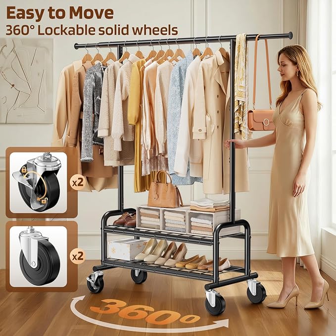 Heavy Duty Clothes Rack - Load 660 LBS, Rolling Clothing Rack for Hanging Clothes with Lockable Wheels & Shelves, Portable Garment Rack for Bedroom, Laundry, Living Room (Modern, Black)
