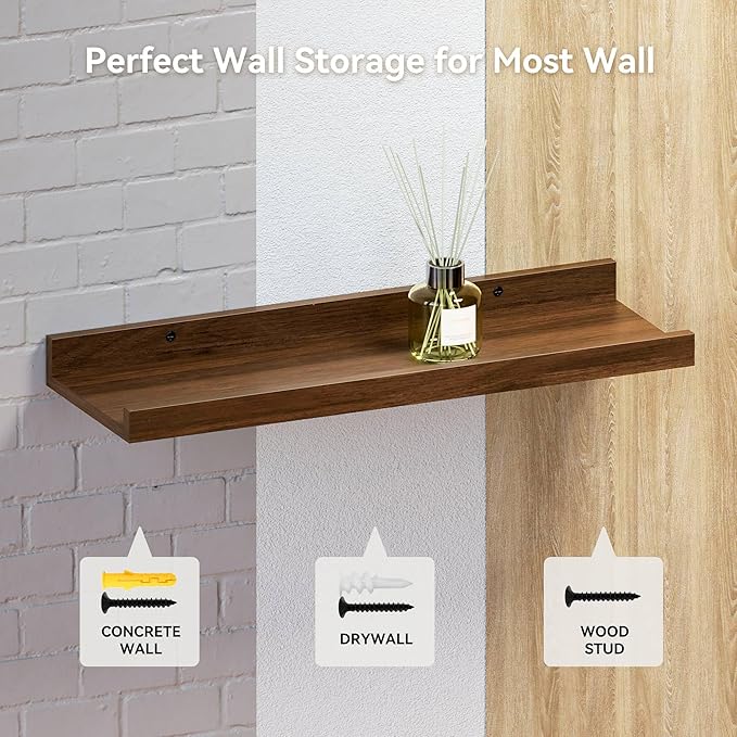 Boswillon Floating Shelves Set of 2, Farmhouse Wall Shelves with Lip, Display Picture Ledge Shelf for Bedroom, Living Room, Bathroom, Kitchen - Walnut