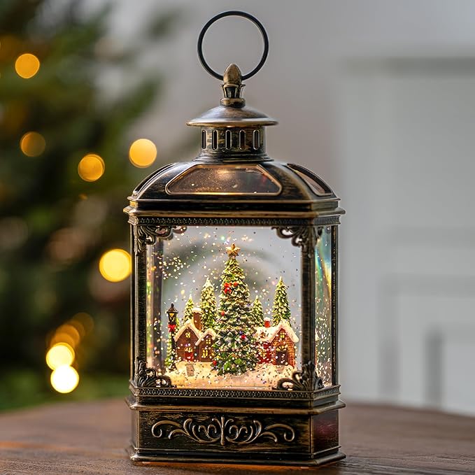Christmas Snow Globe Lantern Water Glittering Xmas Village with Music & Timer, USB Lined/Battery Operated Lighted Lantern for Christmas Festival Decoration Gifts