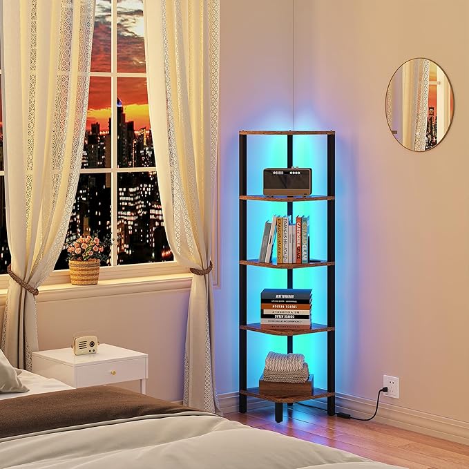 TUTOTAK Corner Shelf with LED Light, 5-Tier Corner Bookshelf for Small Space, Narrow Display Corner Shelf Stand with Storage Rack, for Living Room, Bedroom, Rustic Brown BS08BB005L