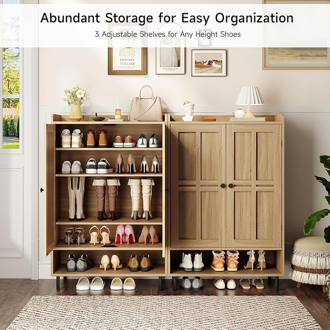 ONBRILL Shoe Cabinet with Cross Molding Doors, 6-Tier Shoe Storage Cabinet with 3 Adjustable Shelves and Metal Legs, 45'' Tall Shoes Rack Organizer Cabinet for Entryway, Front Door, Natural Oak