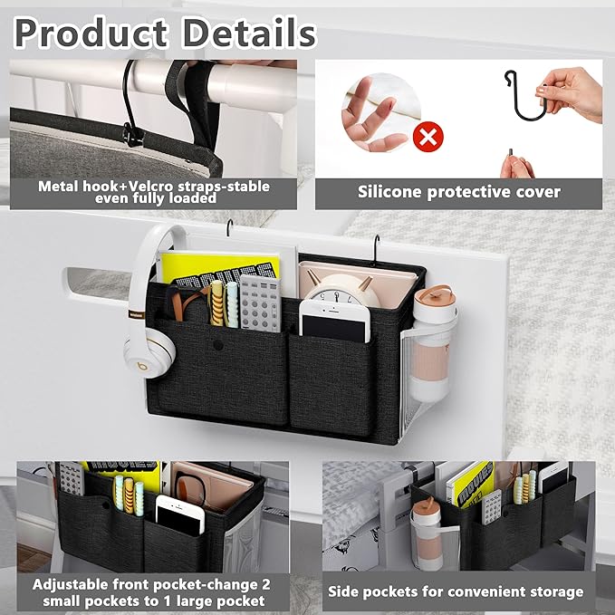 Edudif Bedside Caddy Bedside Organizer with Fixed Straps & Water Bottle Holder, Bunk Bed Caddy ideal for Home, Dorm, Hospital, Crib, Versatile Bedside Storage Solution