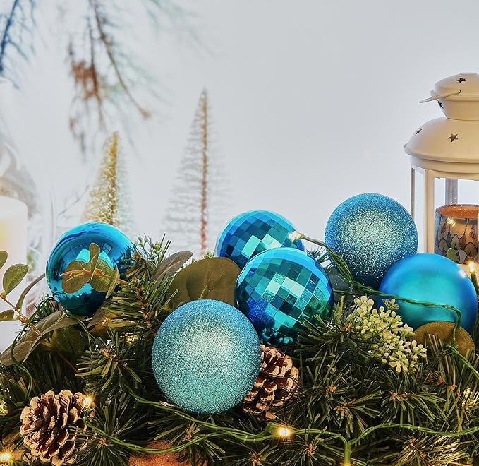 Emopeak 12Pcs Christmas Balls Ornaments for Xmas Christmas Tree - 4 Style Shatterproof Christmas Tree Decorations Hanging Ball for Holiday Wedding Party Decoration (Lake Blue, 3.2"/8CM)