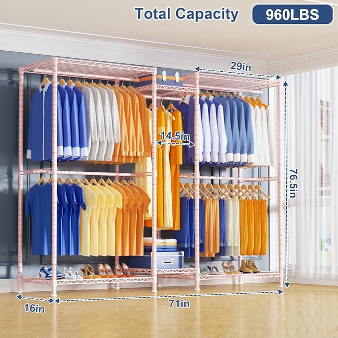 Ulif E12 Pro Clothes Rack，Heavy Duty Freestanding Garment Rack with Shelves，Metal Clothing Closet Storage System for Hanging Clothes，71" W x 16" D x 76.5" H, Hold 960 lbs，Pink