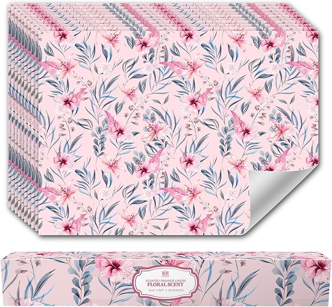 Floral Scented Drawer Liners for Dresser Drawers (10 Large Sheets, 19.7" x 14.4") - Non Adhesive Drawer Paper Liner for Bedroom Dresser & Closet Shelves by Linda’s Essentials