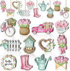 Maitys 36 Pcs Spring Flower Wooden Ornaments Sunflower Tulip Easter Tree Decoration Floral Gnome Hanging Wood Cutout Pastel Spring Decor for Home Small Tree Party(Sweet)