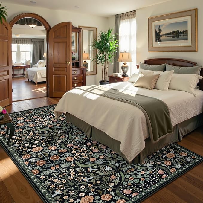 Moynesa Floral Area Rug 6x9, Washable Large Rugs for Living Room, Non Slip Boho Rugs for Dining Room Table, Botanical Ultra Thin Soft Floor Carpet for Farmhouse Office, Black
