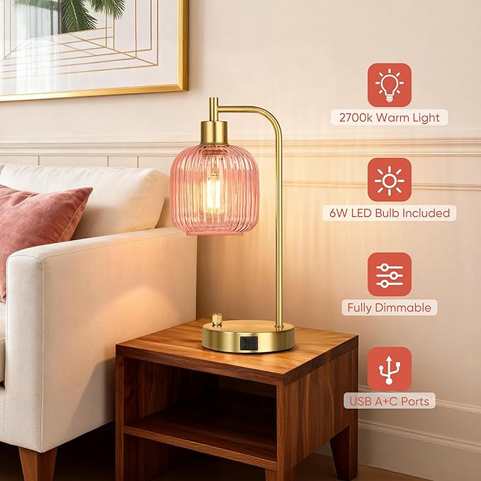 QiMH Industrial Table Lamp for Bedroom Set of 2, Pink Glass Beside Lamp with USB A&C Ports, Stepless Dimmable Gold Lamps, Nightstand Lamps for Living Room, Office, Home Decor(Bulb Included)