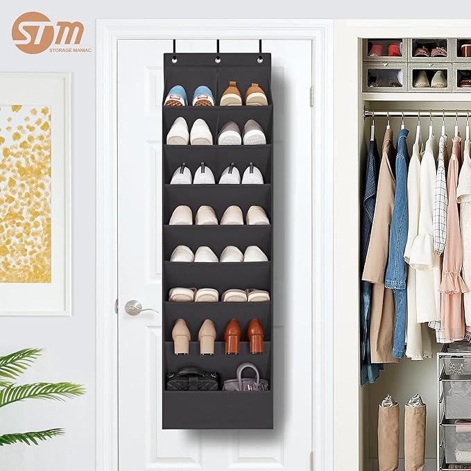 STORAGE MANIAC Over the Door Shoe Organizer Heavy-Duty Large Deep Pocket Hanging Shoe Organizer Shoe Rack Door Closet Shoe Organizer for Wall, Dorm & Narrow Door Storage Shoe Holder Black, 1 Pack