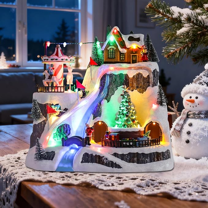 WONDER GARDEN Christmas Village Houses-Christmas Houses Village - Lighted Musical Ski Resort Collectible Buildings with Moving Train, Rotating Tree and Carousel for Indoor Decor or Gift