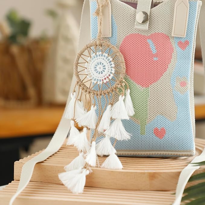 Artilady Small Dream Catcher for Cars - Bohemian Mini Dream Catchers for Cars Rear View Mirror Hanging Decoration (White)