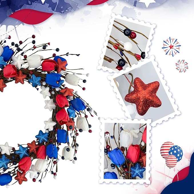 21" Patriotic Wreath for Front Door 4th of July Wreaths with Red White Blue Tulip Flowers&Berry for 250th Anniversary USA Memorial Day, Independence Day Home Porch Wall Outdoor Farmhouse Decoration