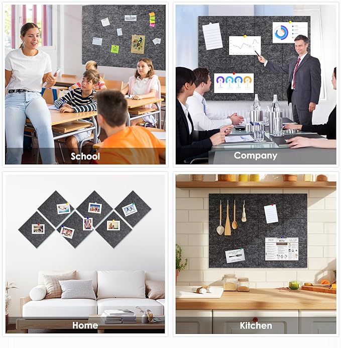 Large Cork Board for Walls 48"x36" |Cork Board Alternative| 12 Pack Felt Wall Tiles| Dark Gray Bulletin Board with Removable Adhesive | Cork Boards Pinboard for Office Home Classroom，Dark Gray